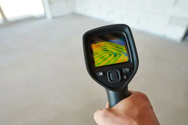 A hand holds a thermal imaging camera, revealing a colorful heat pattern on the screen, possibly indicating a slab leak, all set against a blurry background.