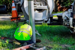 Worker in a high-visibility jacket operates equipment next to a large industrial vehicle on grass, with an orange traffic cone nearby.