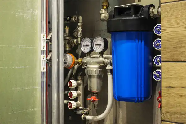 A plumbing system featuring water filtration installation with a blue filter, metal pipes, valves, and pressure gauges inside a utility cabinet.