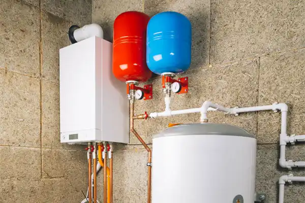A water heater installation features a boiler system with two expansion tanks—one red, one blue—mounted on a textured wall in the utility room. White pipes seamlessly connect the components.