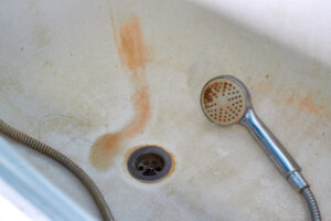 A rust-stained bathtub with a handheld showerhead lies near the drain.