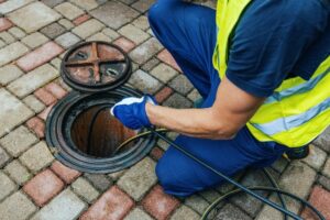Worker in a yellow vest and blue gloves is kneeling, feeding a cable into an open manhole on a brick-paved surface.